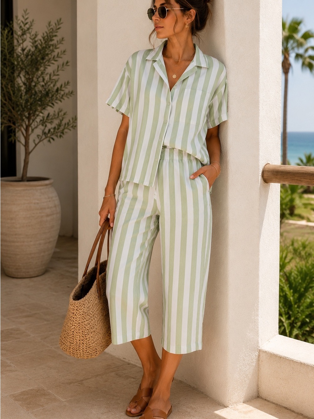 Sage Green Stripe Matching Set Medium 100% Cotton Resort Wear